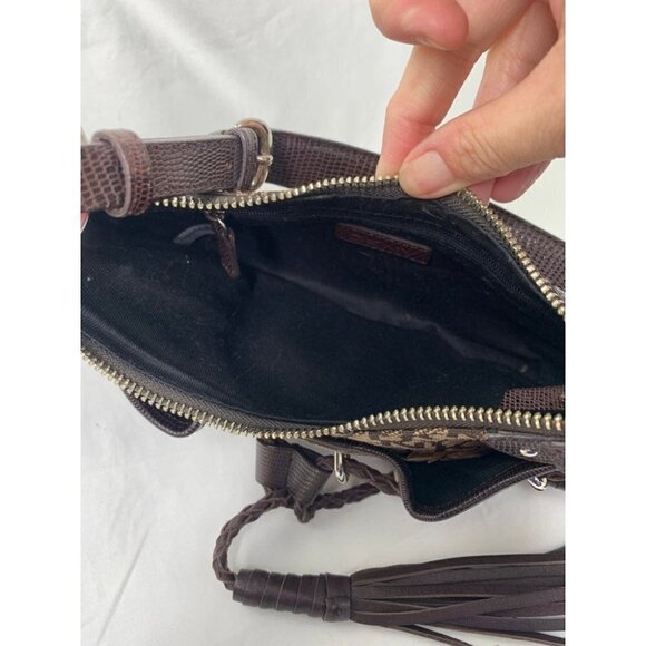 DKNY Signature Small Tassel Hobo Shoulder Bag - Brown/Tan Faux Leather/Canvas - Picture 6 of 8